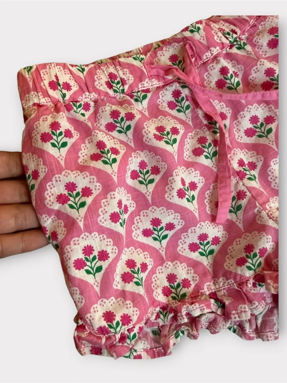 Mini Boden Pink Roses Woodblock Floral Top & Shorts Matching Set
